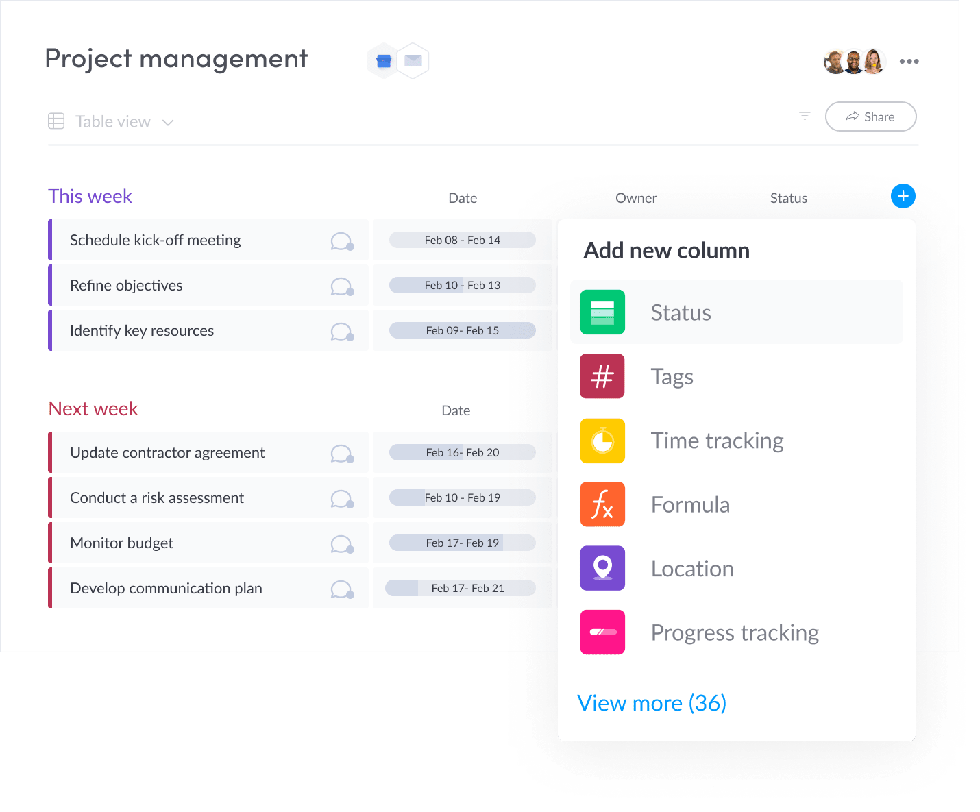 Project Management board with the column menu opened on the right